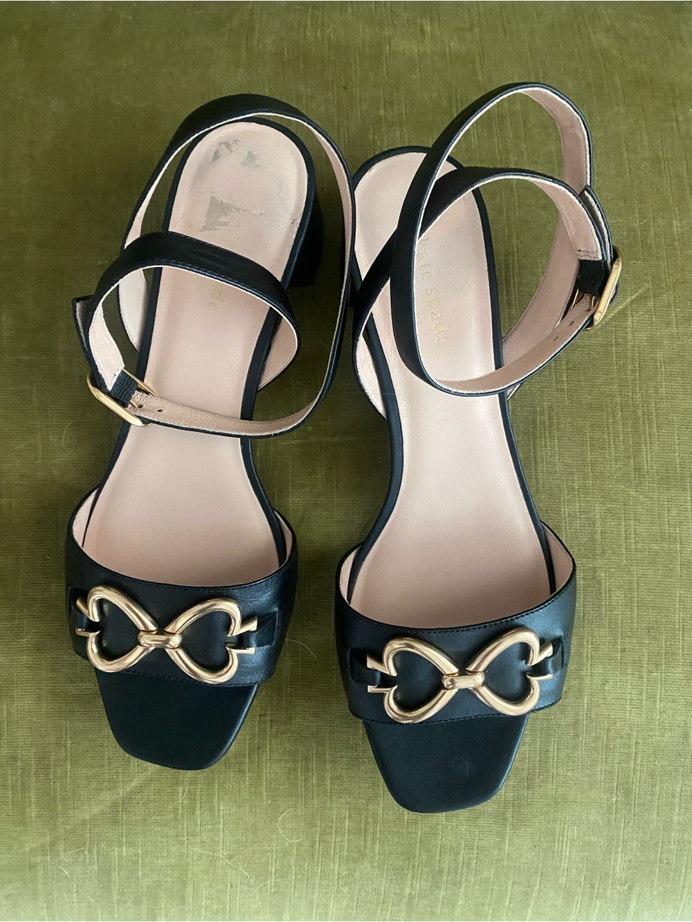 Kate Spade Lagoon Heart Black Leather Ankle-Strap Sandals with Gold Hardware